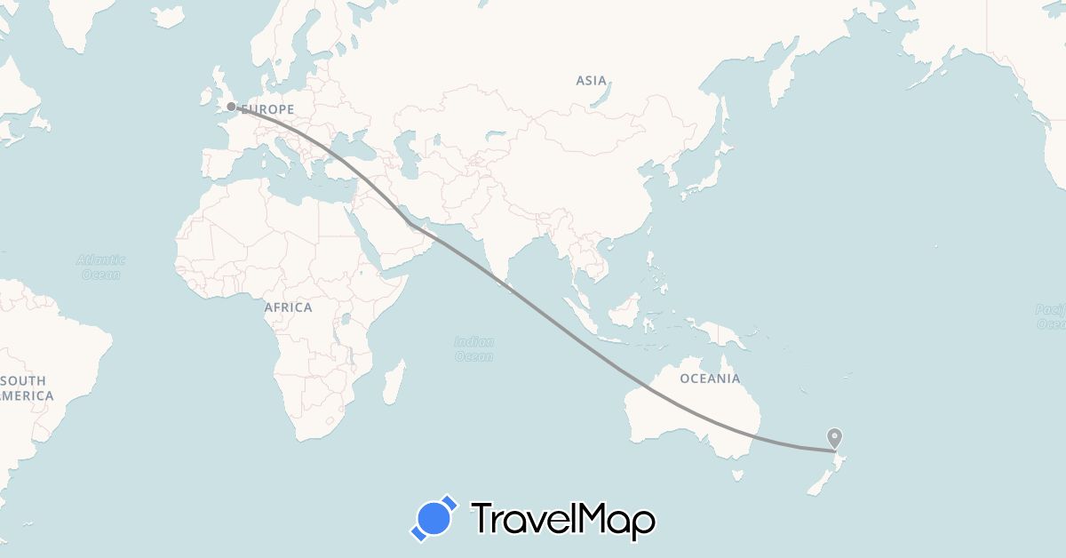 TravelMap itinerary: driving, plane in United Kingdom, New Zealand, Qatar (Asia, Europe, Oceania)